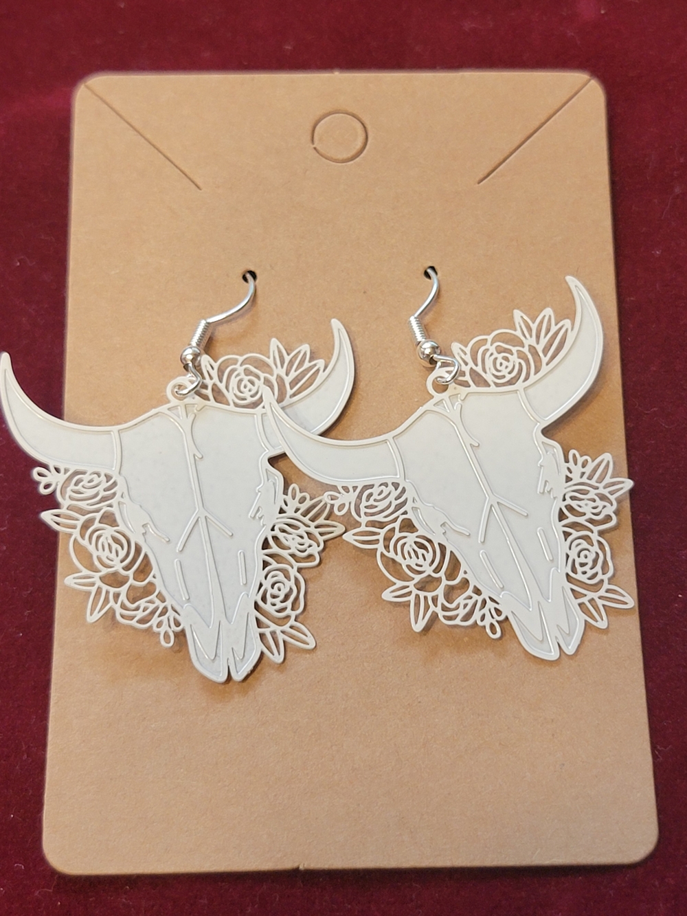 White Floral Bull Skull Dangle Earrings laser-cut Longhorn Boho Cowgirl
